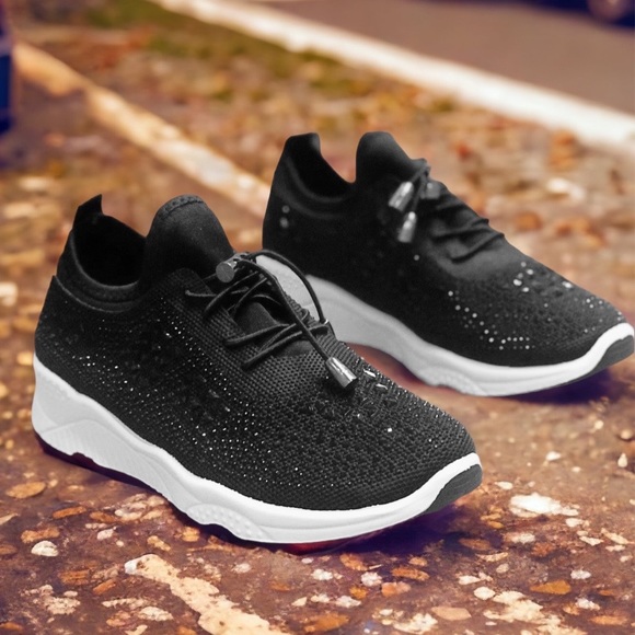 Italina GEMA Toggle Lace Up Black Knit Platform White Bubble Rhinestone Sneakers - Picture 1 of 12